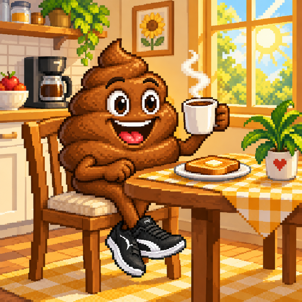 PUMAPOOP enjoying coffee and toast in a sunny kitchen