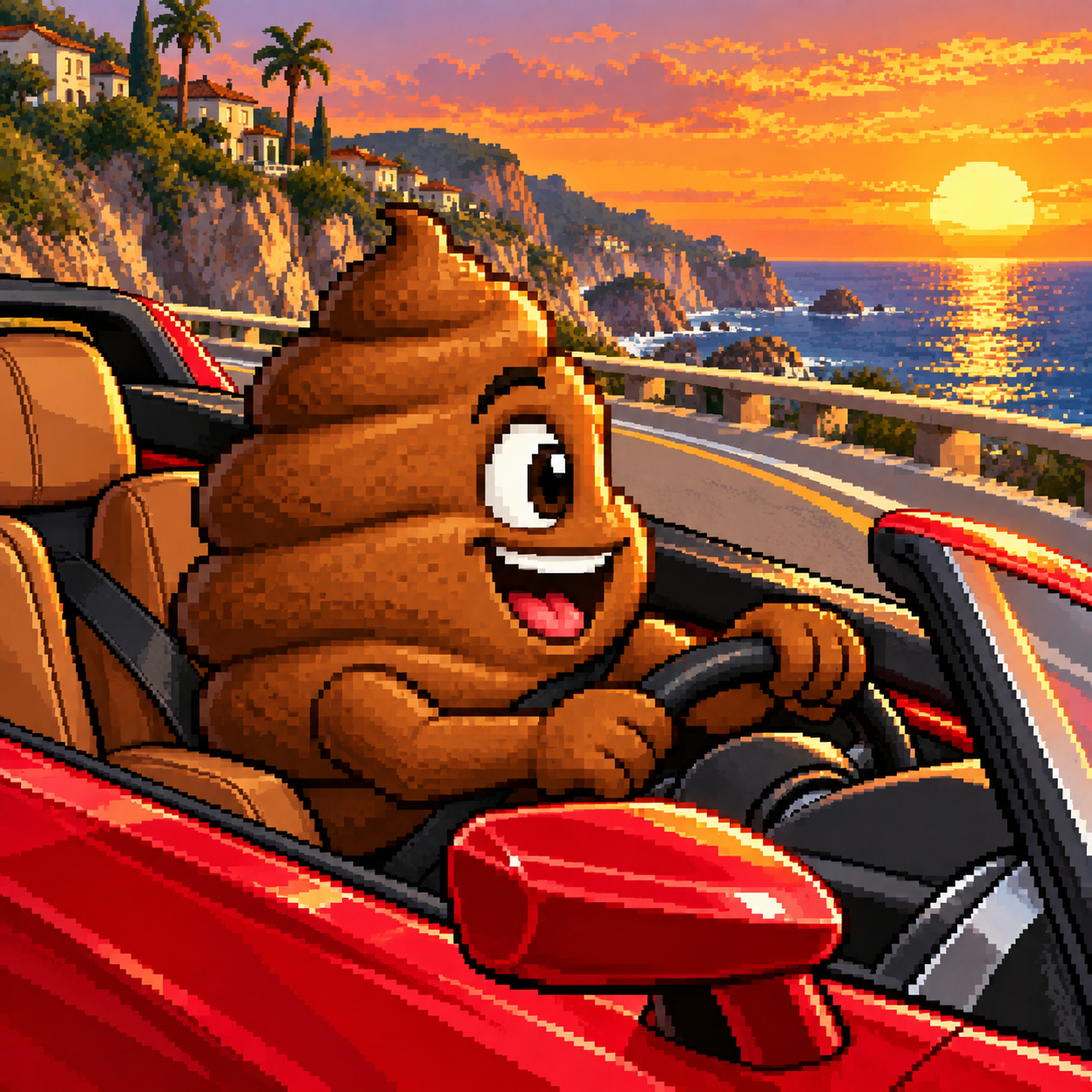 PUMAPOOP driving a red convertible along the coast at sunset